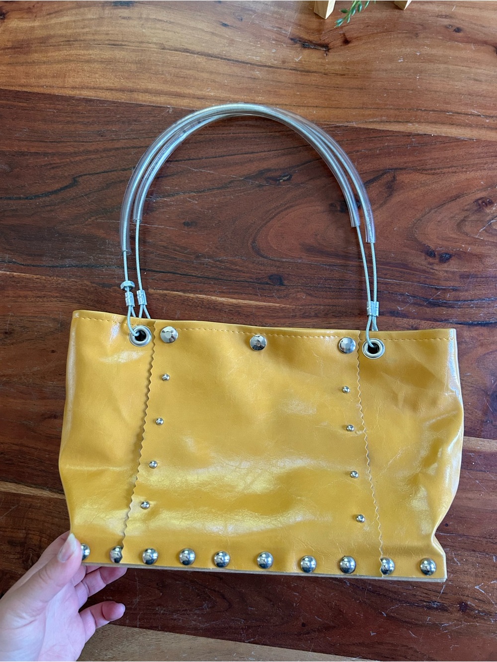 Hardware by Renee Yellow Vinyl Bag Industrial Cable Handle Purse statement bag